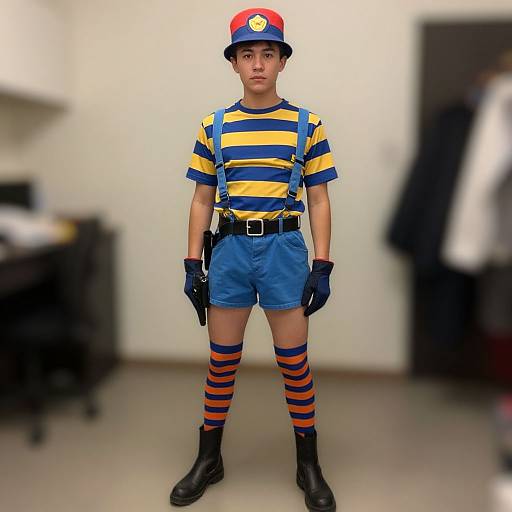 Photograph of a young boy in a striped shirt, blue shorts, red and blue cap, gloves, and knee-high socks, standing in a blurred