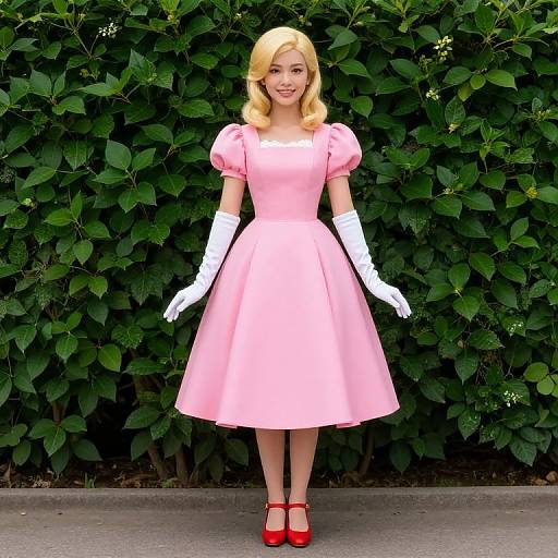 Photograph of a blonde woman in a pink, puffed-sleeve, vintage-style dress, white gloves, and red Mary Jane shoes, standing