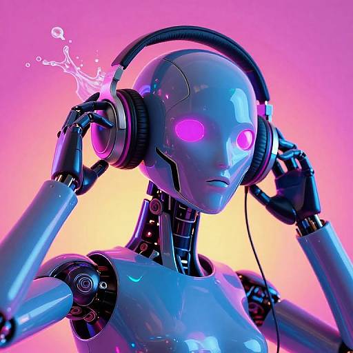 Digital CGI of a futuristic, blue metallic robot with glowing pink eyes, wearing black headphones, adjusting them against a vibrant pink and yellow gradient background.