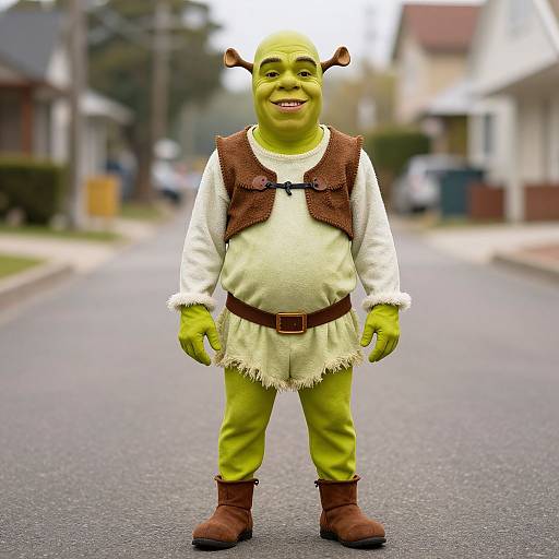 Photograph of a CGI goblin standing on a suburban street, green skin, brown boots, white tunic, brown vest, and belt, smiling