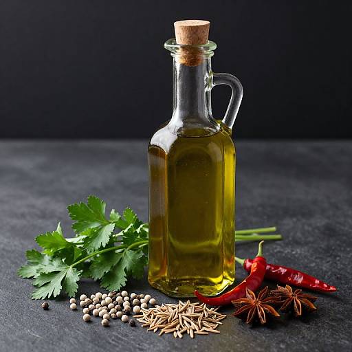 Photograph of a clear glass bottle with golden olive oil, cork stopper, surrounded by fresh cilantro, whole peppercorns, red chili peppers