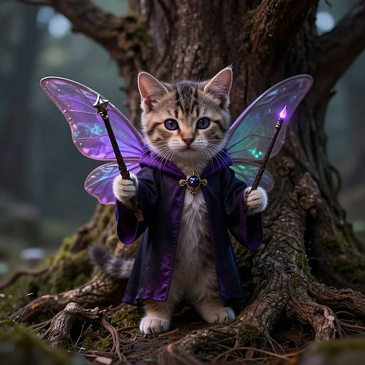 Photograph of a tabby kitten with glowing purple fairy wings, wearing a dark purple wizard robe, holding two glowing wands, standing in front of