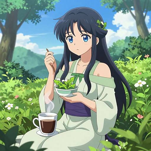 Anime-style digital drawing of a blue-eyed girl with long black hair, wearing a white off-shoulder kimono, eating salad while holding a ste