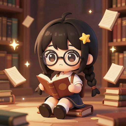 Chibi anime girl with black hair, glasses, star hairclip, and braid, reading book in library with floating papers. Digital art style,