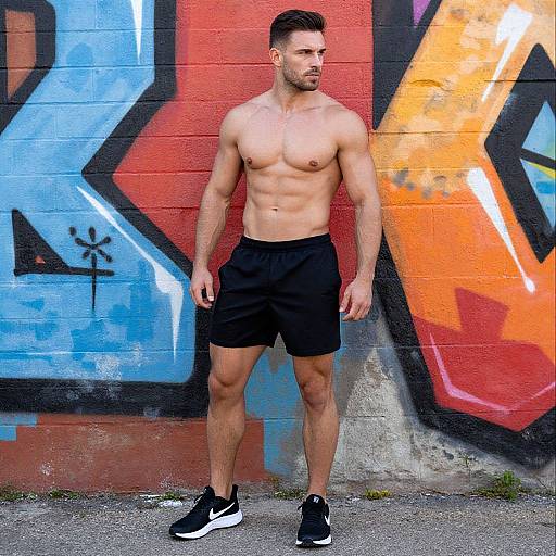 Muscular Man Posing by Urban Graffiti