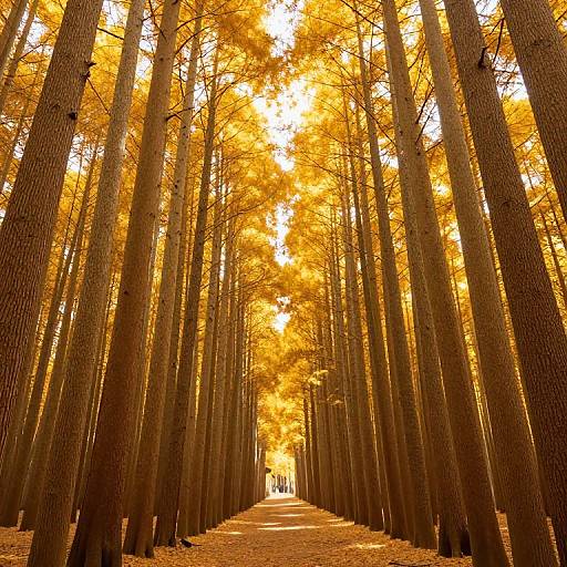Photograph of a forest aisle with tall, straight trees adorned in vibrant golden-yellow autumn leaves, creating a symmetrical, glowing pathway.