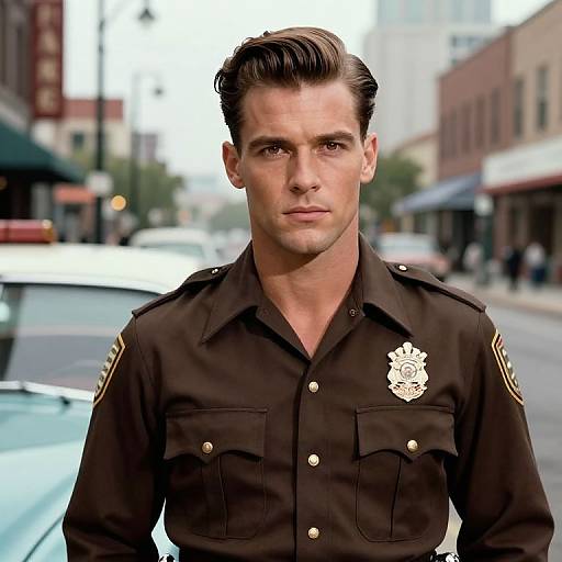 Photograph of Ryan Gosling as a stern-looking police officer in a brown uniform with gold buttons and badge, standing on a bustling urban street.