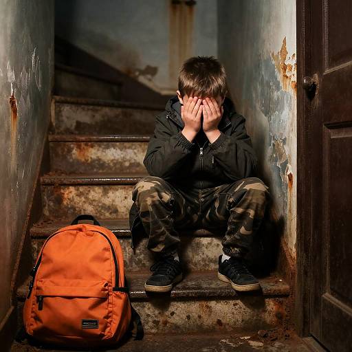 Crouching Boy on Worn Stairs