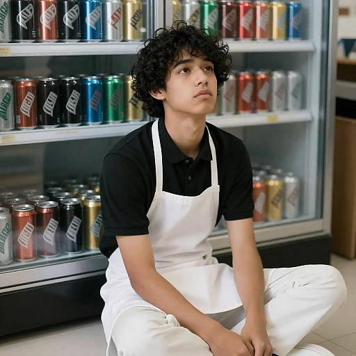 Young man in apron sitting on floor by soda display