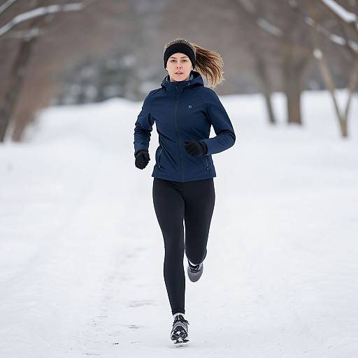 Photograph of a focused, light-skinned woman with brown hair, wearing a black beanie, jacket, and pants, running in a snowy,