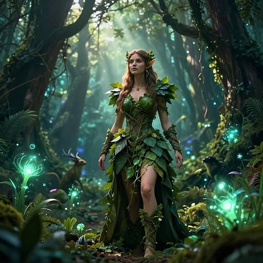 Digital fantasy artwork of a fair-skinned, brown-haired woman with a leafy, green, nature-themed dress, standing in a mystical, enchanted forest