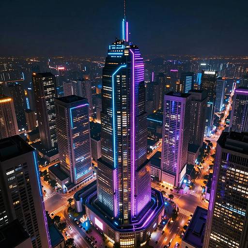 Aerial photograph of a neon-lit, futuristic cityscape at night, showcasing vibrant purple and blue illuminated skyscrapers with glowing streetlights below.