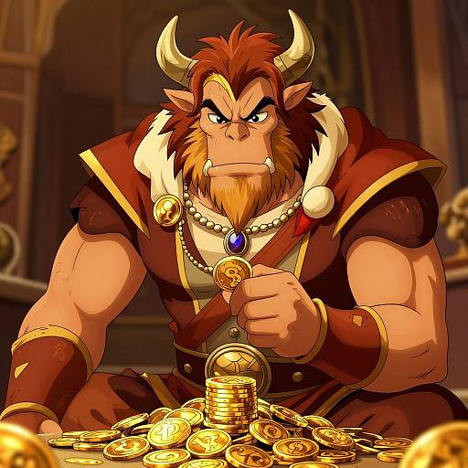 Muscled minotaur with red beard, horns, and fierce expression, holding a gold coin, surrounded by piles of gold coins, in a