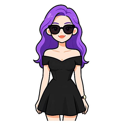 Digital drawing of a stylish woman with long purple hair, black off-shoulder dress, and dark sunglasses, smiling against a white background.