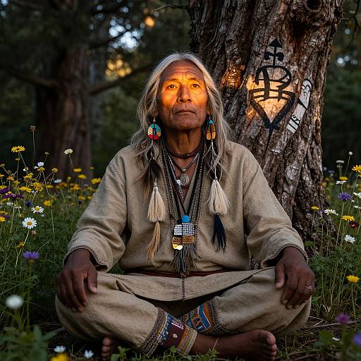 Photograph of a Native American elder with long white hair, glowing orange face paint, traditional attire, and colorful beadwork, sitting cross-legged in a