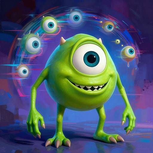 Digital CGI of a green, round-eyed, monster with sharp teeth, multiple floating eyes, and claws, set against a vibrant, cosmic purple-blue background