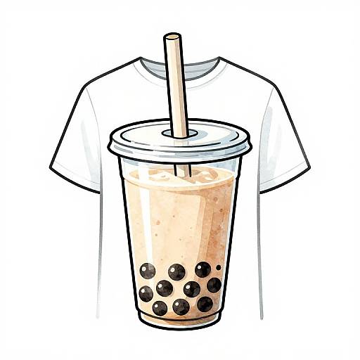 Digital drawing of a bubble tea cup with a straw in front of a white, short-sleeved shirt. The cup has beige liquid and black bubbles