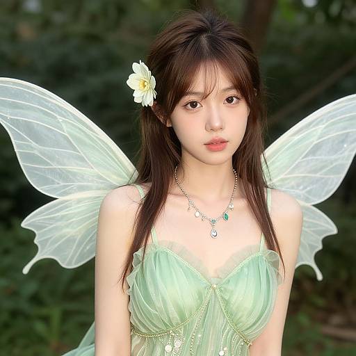Photograph of an Asian woman with long brown hair, wearing a green fairy dress, translucent wings, white flower hairpiece, and green necklace, standing