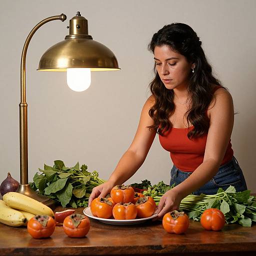 Photograph of a dark-haired woman in a red tank top, sorting vibrant red tomatoes on a wooden table with a brass lamp, bananas, leafy