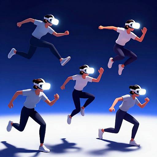 Digital illustration of five men in white shirts, black pants, and VR headsets running against a blue-to-white gradient background.