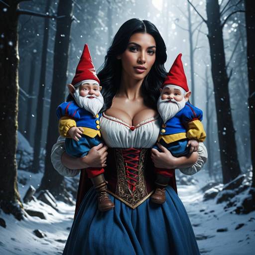 Woman in Snow White Dress Holding Garden Gnomes in Snowy Forest