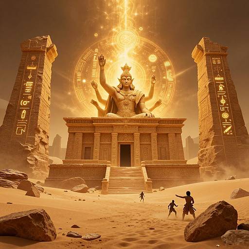 Photorealistic CGI of a glowing golden temple with a deity statue, raised arms, surrounded by sand, two tall pillars, and two adventurers in the