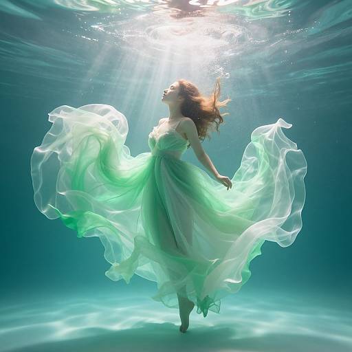 Photograph of a woman with flowing green, translucent dress, underwater, sunlight streaming above, hair floating, ethereal, serene, dreamlike.