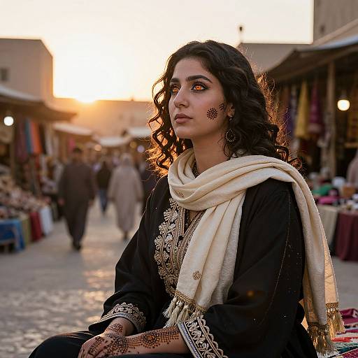 Photograph of a dark-haired woman with intricate henna designs, wearing a black kurta, white scarf, and gold jewelry, sitting in a sun