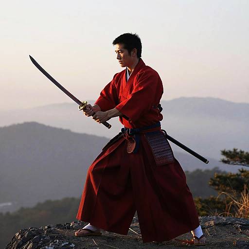 Samurai in Red Hakama at Dawn