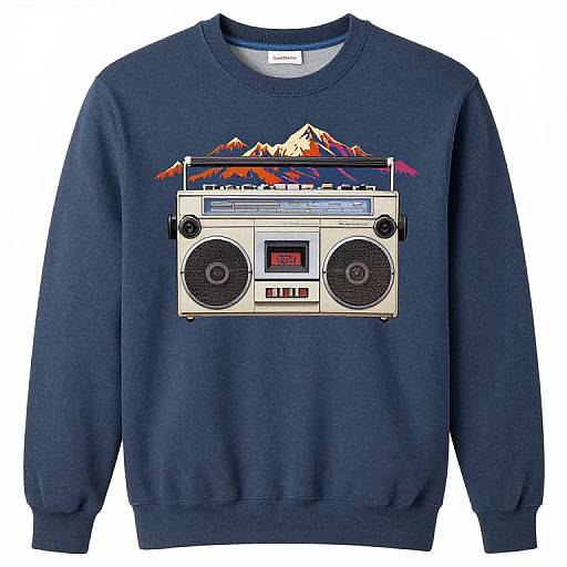 Dark blue sweatshirt with a detailed, colorful retro cassette player graphic, featuring mountain peaks, displayed on a white background.