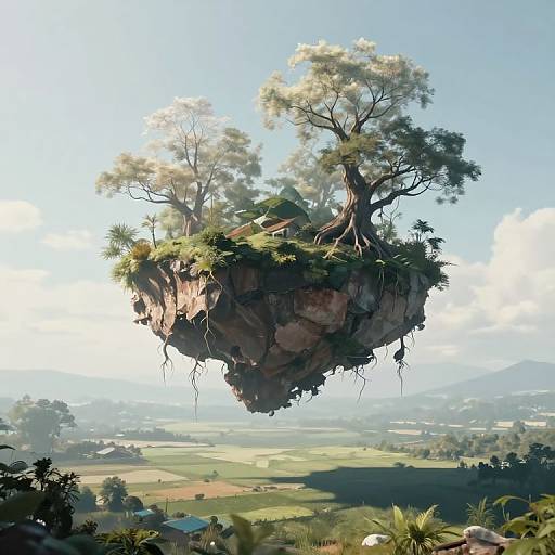 Digital artwork of a floating island with tall trees and lush greenery, suspended above a rural landscape with fields and houses.