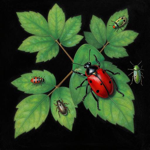 Brightly Colored Bugs on Leafy Branch