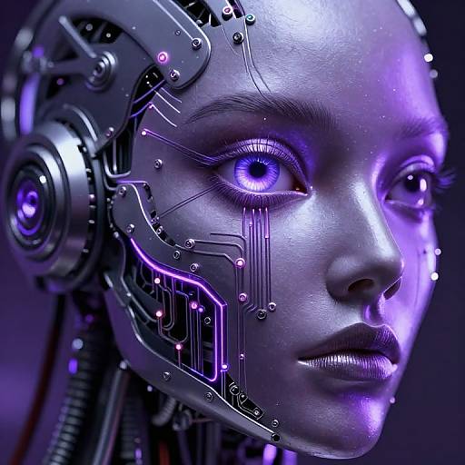 CGI image of a cybernetic woman with glowing purple eyes, metallic face, and intricate circuitry. Purple and blue lighting highlights her robotic features