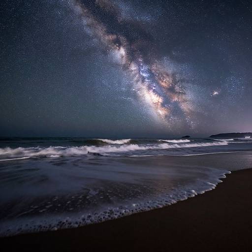 Photograph of a nighttime beach with waves, dark sand, and a vividly bright Milky Way galaxy stretching across the starry sky.