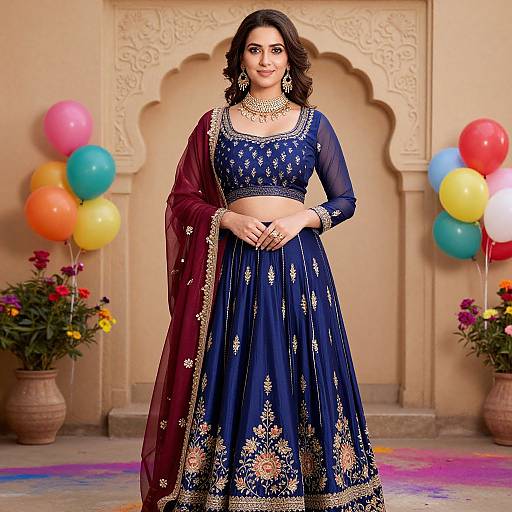 Photograph of a smiling Indian woman in a navy blue embroidered lehenga with maroon dupatta, standing against a beige, ornately carved wall with