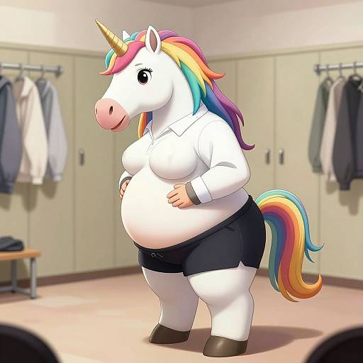 Digital artwork of a chubby, anthropomorphic unicorn with a rainbow mane and tail, wearing a white shirt and black shorts, standing in a locker room with