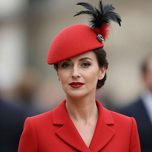 Photograph of a woman with fair skin, dark hair in an updo, wearing a bright red beret with black feather and pin, matching red