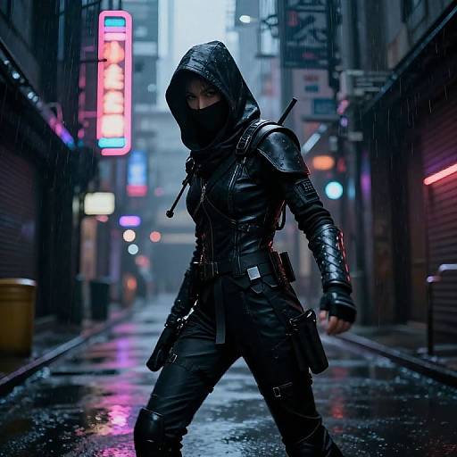 Cyberpunk alleyway at night, dark hooded assassin in black leather outfit with gun, rain, neon signs, and wet street reflections. Digital