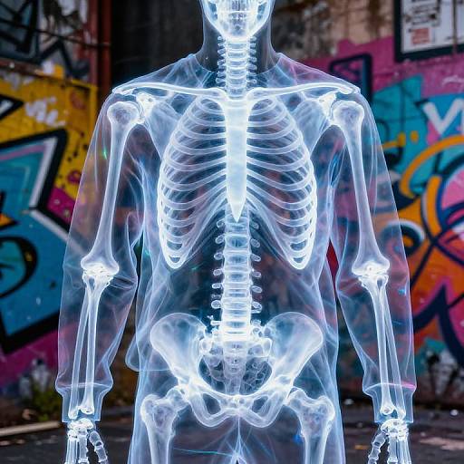 Glowing, translucent skeletal figure against colorful graffiti-covered urban wall; neon white bones contrast vivid street art. Digital CGI image.