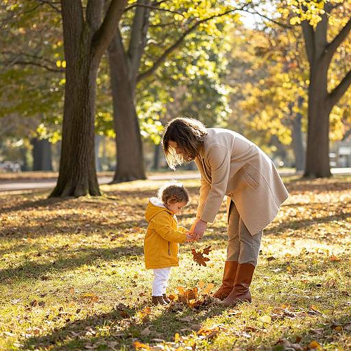 Photograph of a woman in a beige coat and brown boots, holding a child's hand, picking autumn leaves in a sunlit park.
