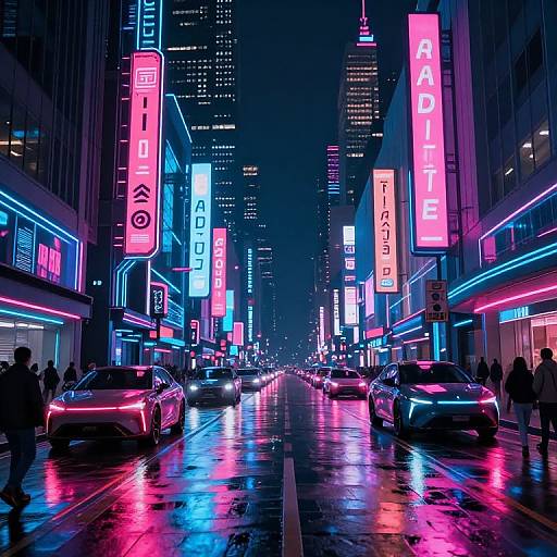 Neon-lit, rainy, urban street scene at night, vibrant pink, blue, and purple neon signs, illuminated skyscrapers, wet road