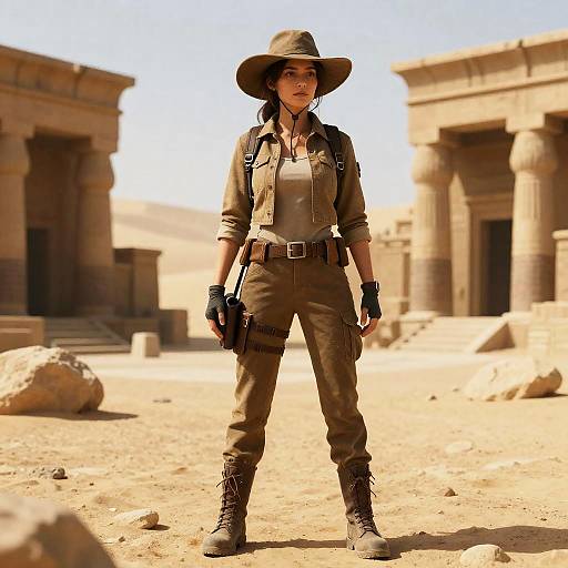 Determined Female Archaeologist at Desert Ruins