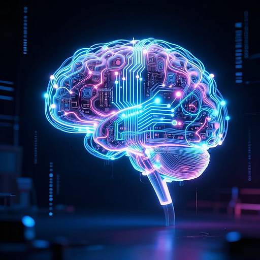 Neon-lit, digital CGI of a human brain, glowing in vibrant blue and pink neon lines, with circuitry patterns, set against a dark