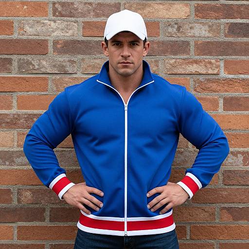 Photograph of a muscular man with fair skin, wearing a white cap, blue zip-up jacket with red and white stripes, and dark pants, standing