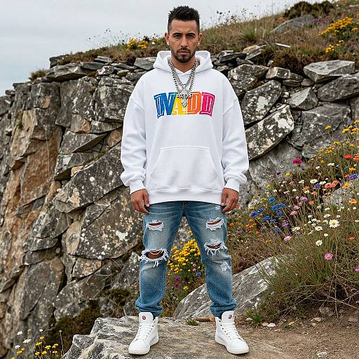 Photograph of a bearded man with short black hair, wearing a white 