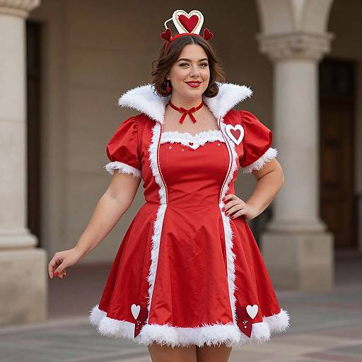 Photograph of a smiling, fair-skinned woman with dark brown hair, wearing a red, fluffy-trimmed, Christmas nurse costume with a heart