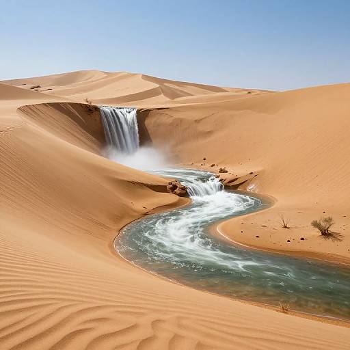 Photograph of a desert oasis with rippling orange sand dunes, a flowing river, and a cascading waterfall under a clear blue sky.