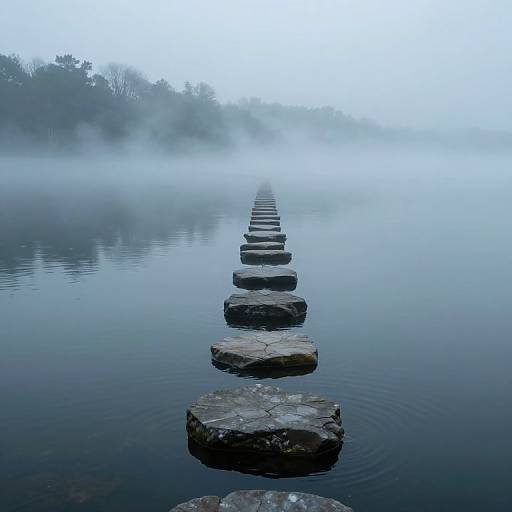 Photograph of a misty lake with a row of large, weathered stone stepping stones leading into the foggy distance.