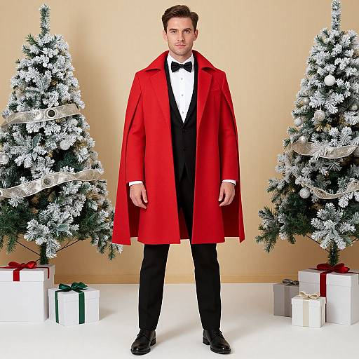 Photograph of a handsome man in a black tuxedo and bright red coat, standing between two snow-covered Christmas trees with wrapped gifts on a beige