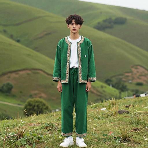 Young Man in Green Embroidered Outfit on Hillside